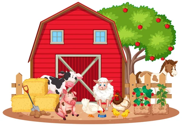 Scene Many Farm Animals Farm Illustration — Stock Vector