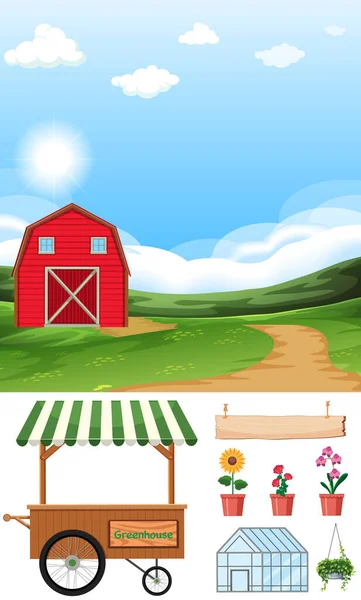 Gårdsscen Med Lada Och Andra Jordbruksföremål Illustration — Stock vektor