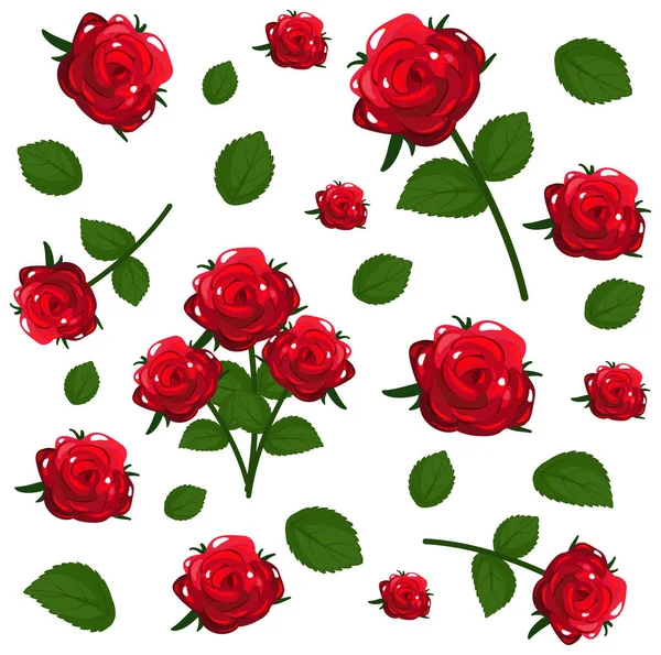 Set Simpatiche Rose Rosse Fiori Illustrazione Foglia — Vettoriale Stock