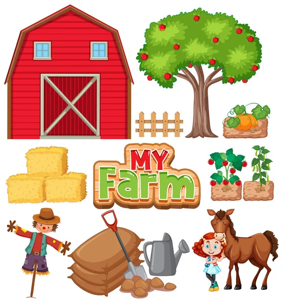 Bauernhof Mit Scheune Und Gemüse Auf Weißem Hintergrund Illustration — Stockvektor