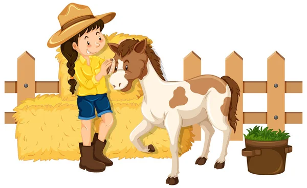 Farmgirl Pônei Bonito Fundo Branco Ilustração — Vetor de Stock