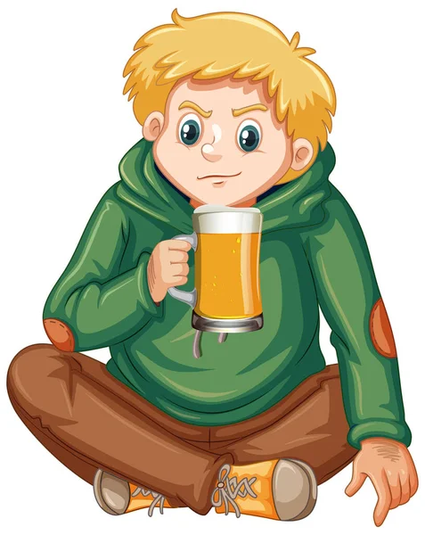 Tiener Jongen Drinken Bier Witte Achtergrond Illustratie — Stockvector