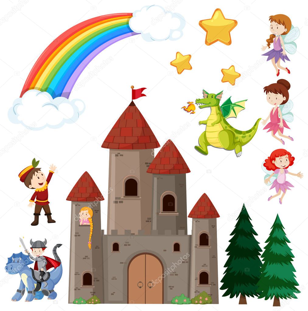 Set of children is fairy tale castle and dragon with rainbow in the sky illustration