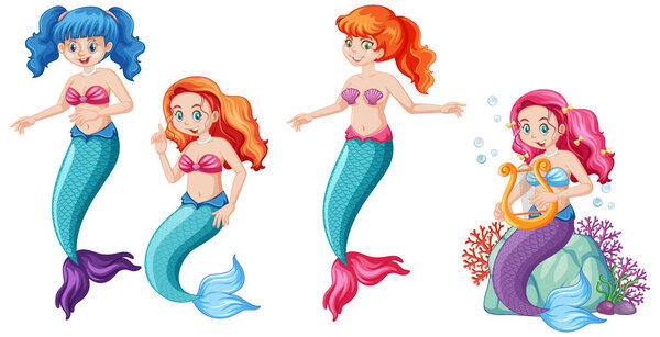 Set of cute mermaids cartoon character cartoon style on white backgroun