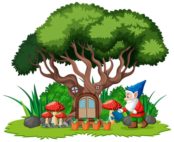Gnomes Και Δέντρο Σπίτι Στυλ Κινουμένων Σχεδίων Λευκό Φόντο Εικονογράφηση — Διανυσματικό Αρχείο