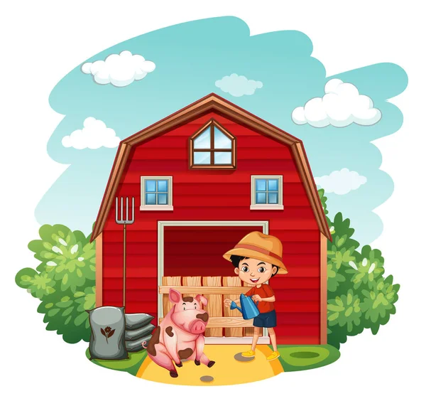 Granja Escena Con Niño Cerdo Granja Ilustración — Vector de stock