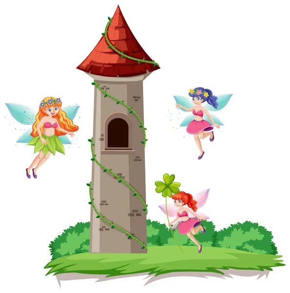 Sprookjes Kasteel Toren Cartoon Stijl Witte Achtergrond Illustratie — Stockvector
