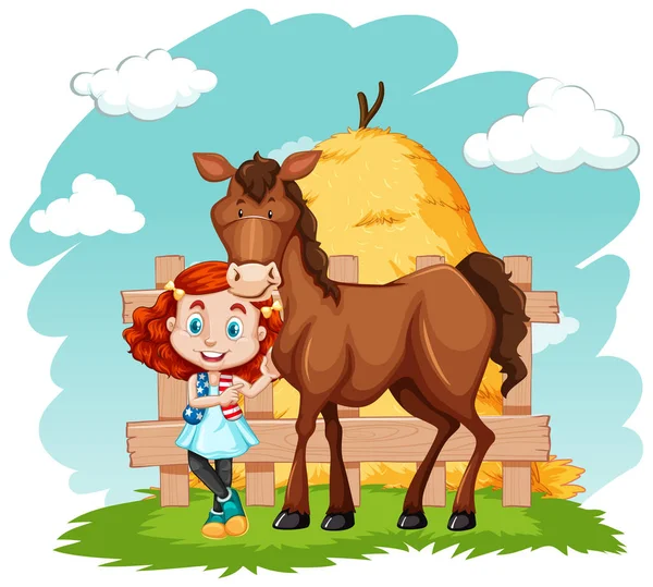 Scena Con Bambina Illustrazione Cavallo Marrone — Vettoriale Stock