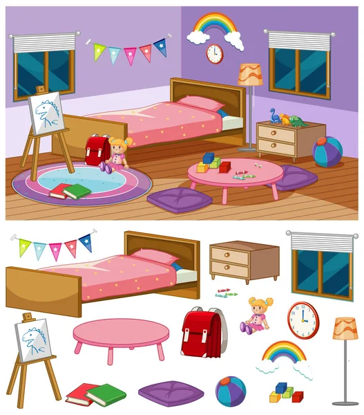 Hintergrundszene Des Schlafzimmers Mit Vielen Möbeln Illustration — Stockvektor