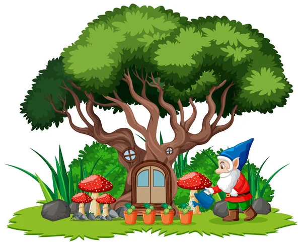 Gnome Watering Plants Garden White Background Illustration — Stock Vector