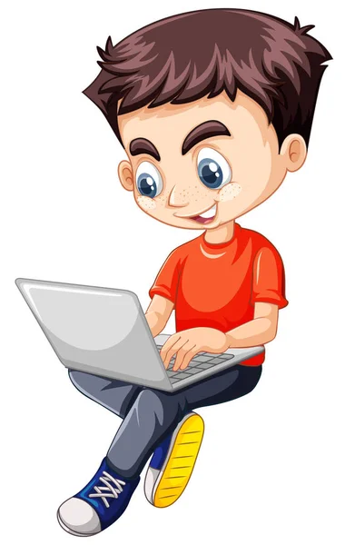 Niño Camisa Roja Usando Personaje Dibujos Animados Portátil Aislado Ilustración — Vector de stock