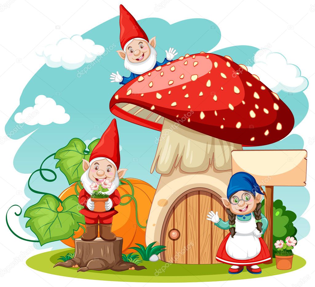 Gnomes and mushroom house cartoon style on white background illustration