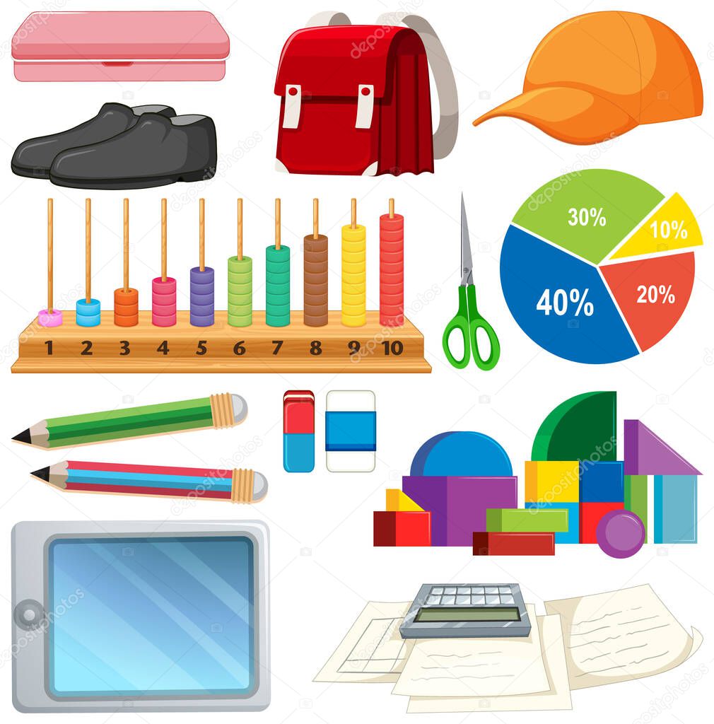 Large set of school items on white background illustration