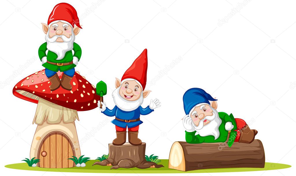 Gnomes and mushroom house cartoon character on white background illustration
