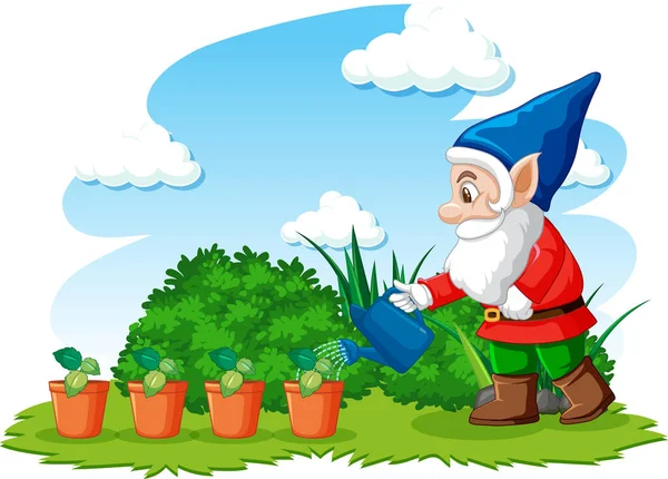 Gnome Watering Plants Garden White Background Illustration — Stock Vector