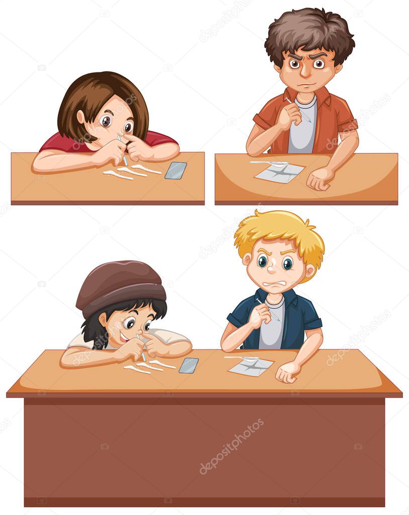Naughty kids doing drugs on white background illustration