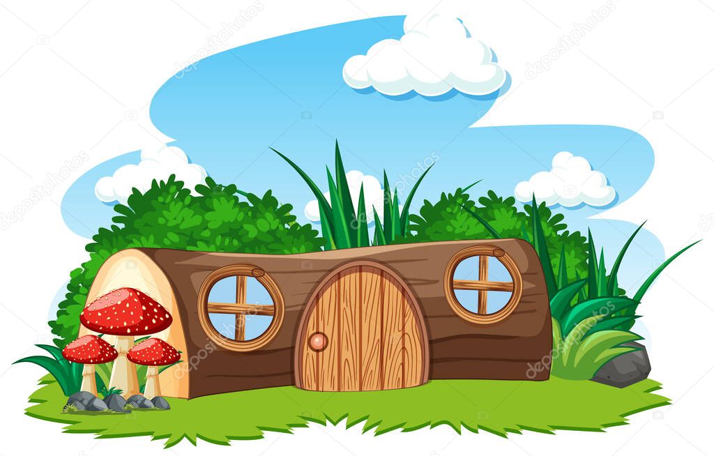Timber house and some mushroom cartoon style on white background illustration
