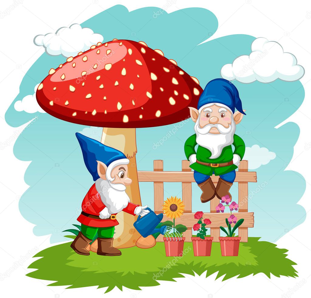 Gnome watering plants in the garden on white background illustration