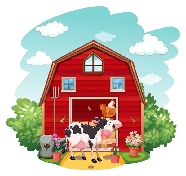 白い背景のイラストで動物や納屋のある農場のシーン — ストックベクタ