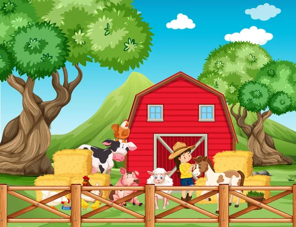 Bauernhofszene Mit Mädchen Und Tieren Auf Dem Bauernhof Illustration — Stockvektor