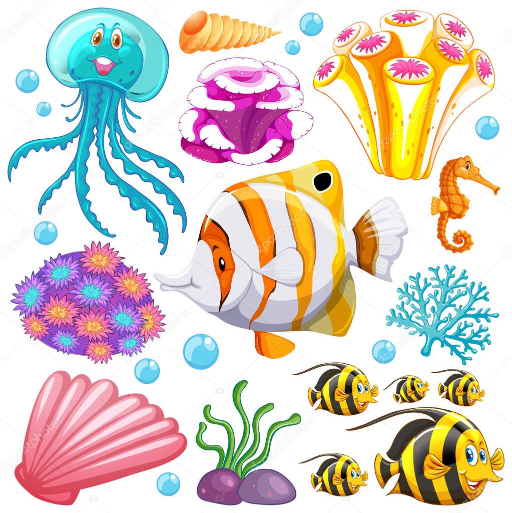Set of sea creatures and corals on white background illustration