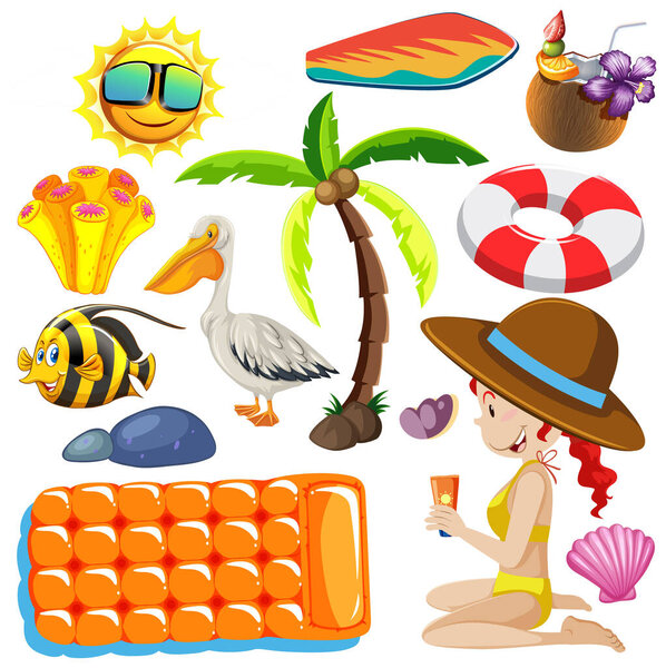 Комплект значка летнего пляжа и детский мультфильм в стиле на белом фоне