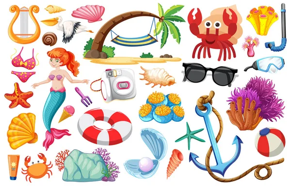 Conjunto Sirena Personaje Dibujos Animados Icono Verano Sobre Fondo Blanco — Vector de stock