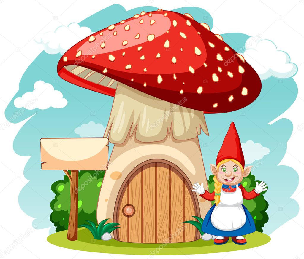 Mushroom house with gnome in cartoon style on white background illustration