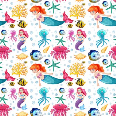 Kusursuz deniz kızı ve beyaz arkaplanda deniz hayvanı çizgi film karakteri.
