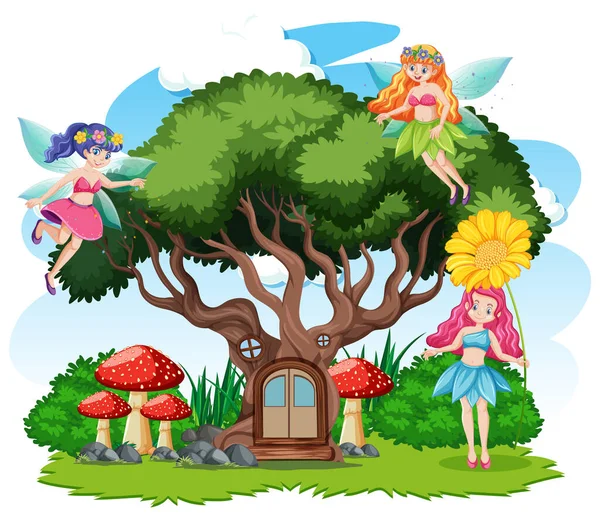 白色背景插图的童话和树屋卡通风格 — 图库矢量图片