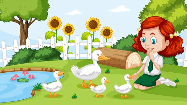 Nettes Mädchen Spielt Mit Ente Illustration — Stockvektor