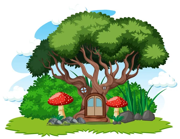 白い背景イラストの木の家とキノコの漫画スタイル — ストックベクタ
