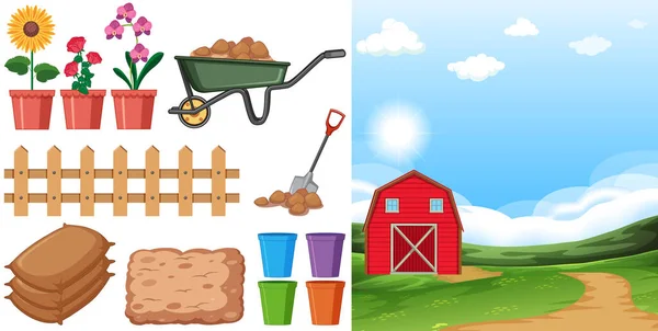 Zemědělská Scéna Zemědělskou Půdou Dalšími Zemědělskými Položkami Farmě Ilustrace — Stockový vektor