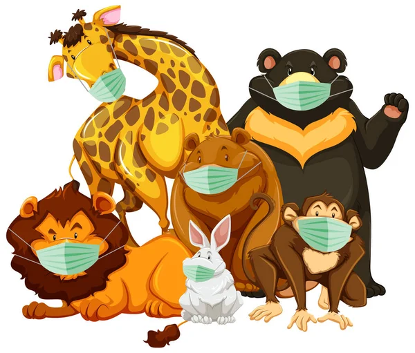 头戴口罩的野生动物卡通形象图解 — 图库矢量图片