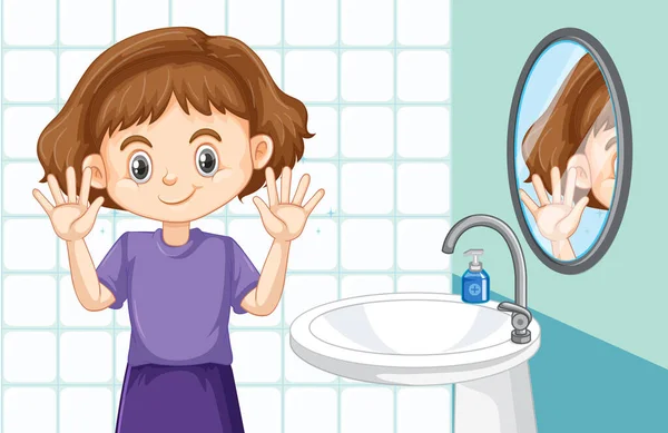 Schattig Meisje Schoonmaken Handen Het Toilet Illustratie — Stockvector
