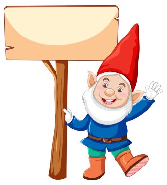 Gnome beyaz arka grupta çizgi film karakteriyle boş afiş tutuyor.