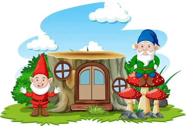 Gnomes Στέκεται Δίπλα Κούτσουρο Σπίτι Χαρακτήρα Κινουμένων Σχεδίων Λευκό Φόντο — Διανυσματικό Αρχείο