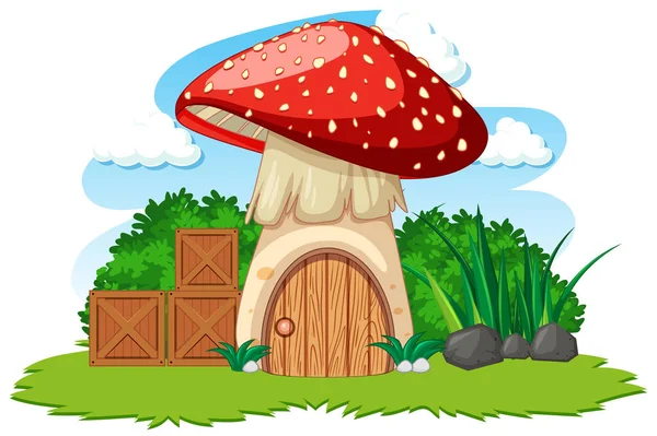 Maison Champignons Peu Style Dessin Animé Herbe Sur Fond Blanc — Image vectorielle