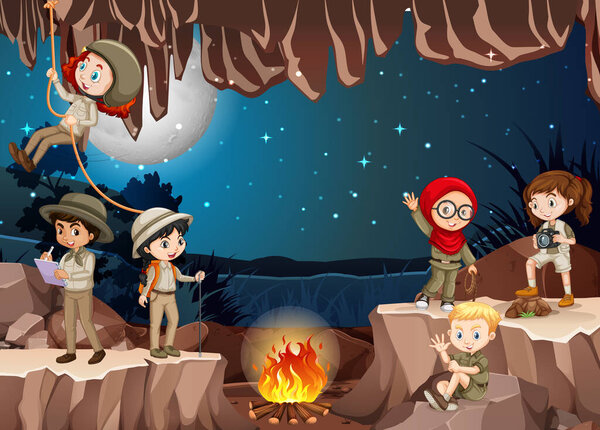 Scene with group of scouts exploring the cave illustration