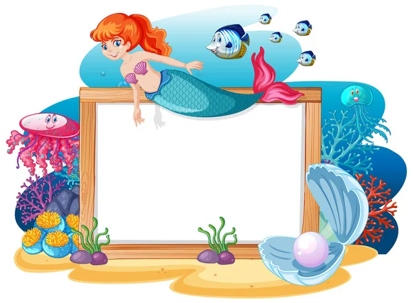 Meerjungfrau Und Meerestier Thema Mit Leeren Banner Cartoon Stil Auf — Stockvektor