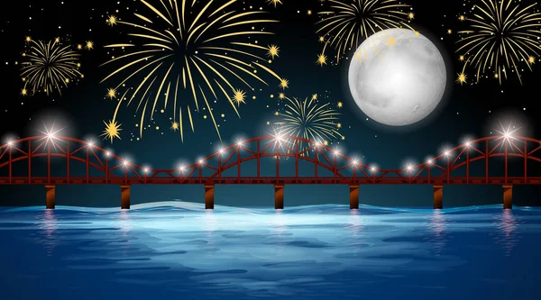 Vista Sul Fiume Con Celebrazione Fuochi Artificio Sfondo Illustrazione — Vettoriale Stock