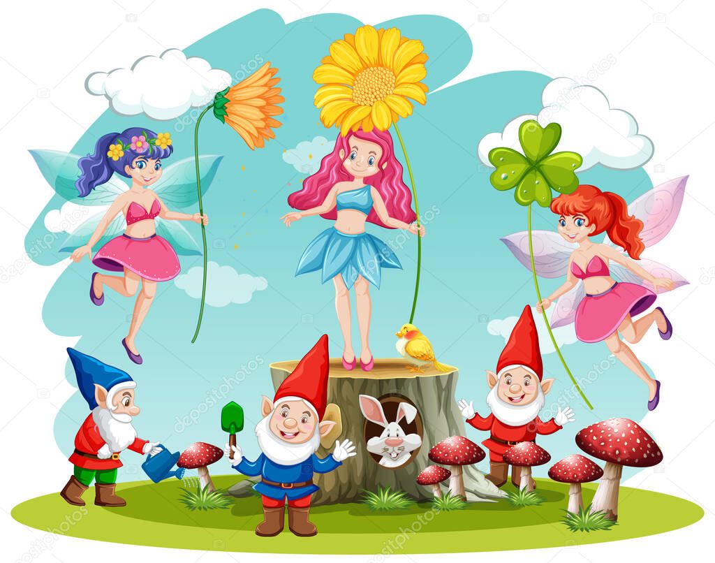 Set of fairy tale and gnome fantasy cartoon character  on white background illustration