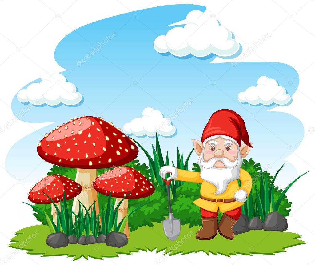 Gnomes standing with mushroom cartoon character on white background illustration