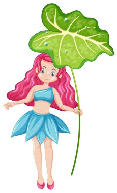 Beyaz arkaplanda yaprak karikatürü tutan sevimli peri.