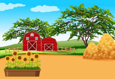 Çiftlik resimlerinde ahır ve çiçeklerle dolu bir çiftlik sahnesi.