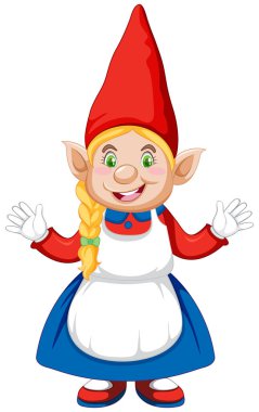 Cüce kız, beyaz arkaplan illüstrasyonunda çizgi film karakteri olarak ayakta duruyor