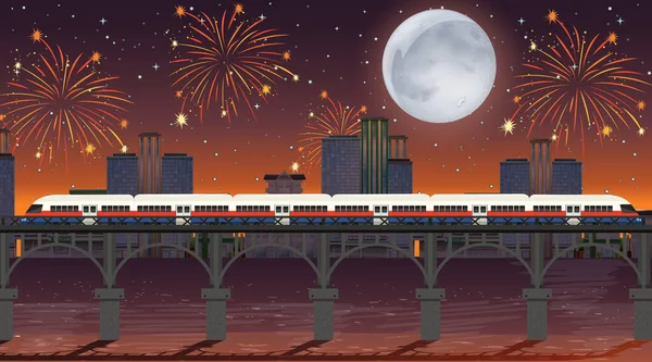 Train cross the river with celebration fireworks scene illustration