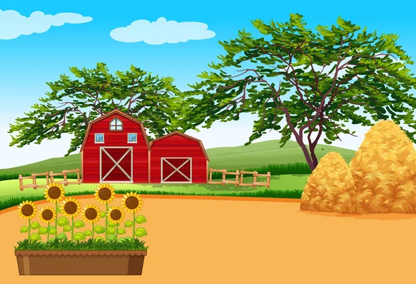 Granja Escena Con Granero Flores Granja Ilustración — Vector de stock