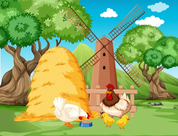 農場のイラストで鶏の家族 — ストックベクタ