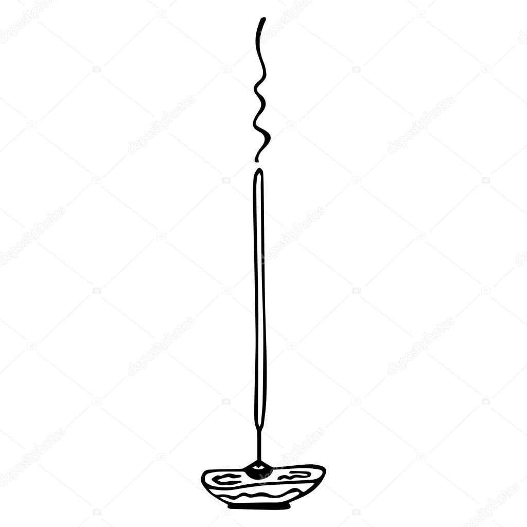 Black-white hand-drawn isolated burning incense stick with stand holder. Vector.